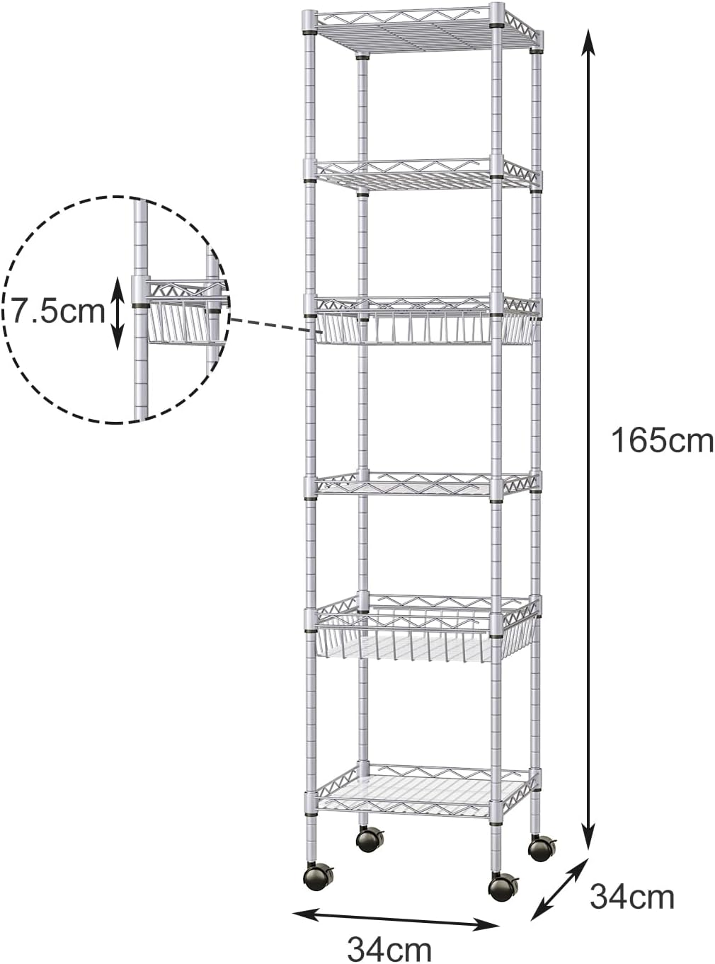 Isyunen 6 Tier Wire Shelving Unit, Isyunen Metal Standing Shelf Units Storage Shelves Rack Adjustable Heavy Duty Shelving Rack with Baskets for Kitchen Bathroom Laundry, Black