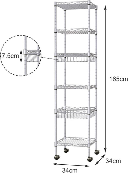 Isyunen 6 Tier Wire Shelving Unit, Isyunen Metal Standing Shelf Units Storage Shelves Rack Adjustable Heavy Duty Shelving Rack with Baskets for Kitchen Bathroom Laundry, Black