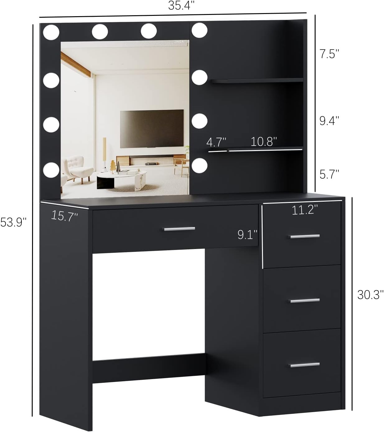 Rovaurx Makeup Vanity Table with Lighted Mirror, Makeup Vanity Desk with Storage Shelf and 4 Drawers, Bedroom Dressing Table, 10 LED Lights, White RSZT104W