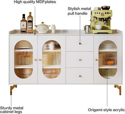 55" Sideboard Buffet Cabinet,Coffee Bar Cabinet with 4-Doors,Accent Kitchen Storage Cabinet Console Table with Adjustable Shelves,Kitchen Cupboard for Living Room, Dining Room, Bedroom,Hallway,White