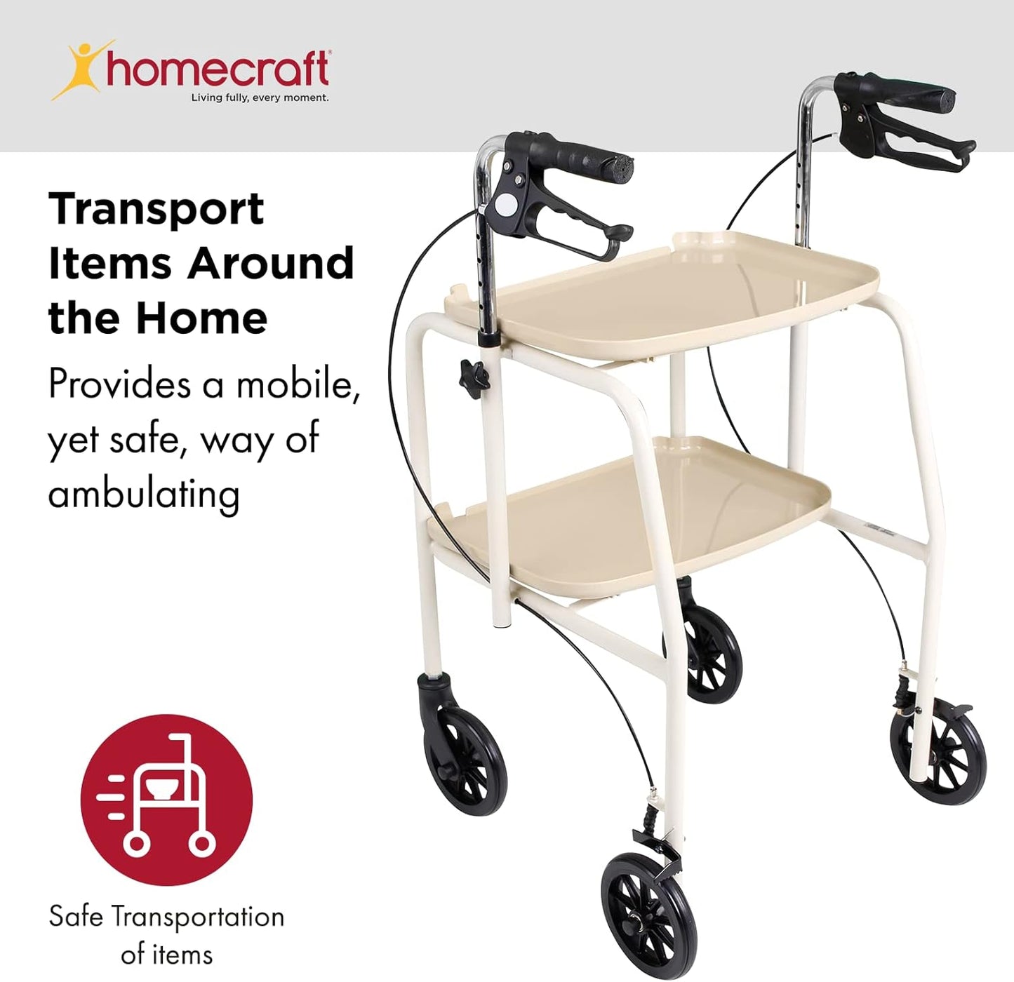 Homecraft Walker Trolley, Mobility Walker with Wheels, Mobility Aid with Built-in Trays for Carrying Personal Items, Sturdy Walking Device with Hand Brakes, Beige, Pack of 1