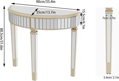 Wisfor Half Moon Mirrored Console Table: 90x35x80.5cm Semi-Circle Mirrored Entryway Table Modern Curved Sofa Side Table and Sturdy Square Column Legs for Porch, Living Room, Bedroom