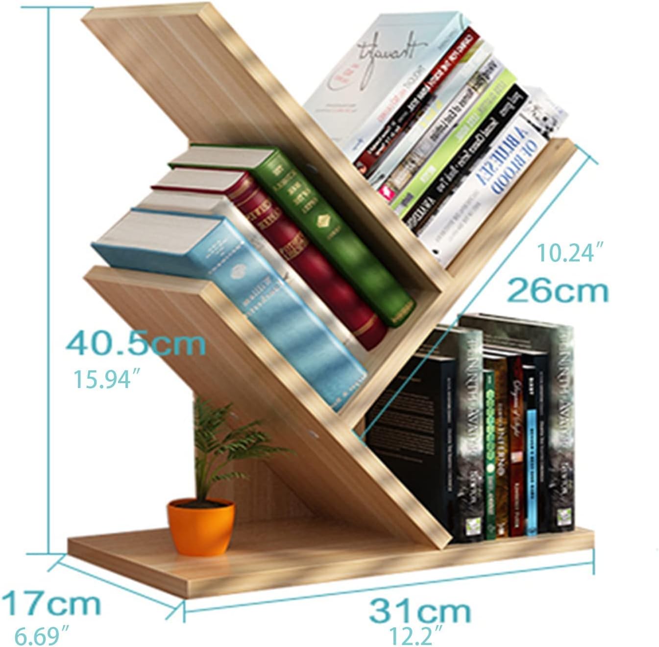 KVIVI Desktop Tree Bookshelf, 3-Layer Floor Standing Bookshelf, Wooden Storage Rack, Desktop Organizer for Office Home School (Walnut)