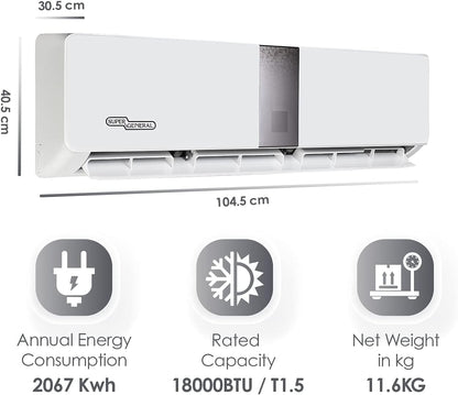 Super General 1.5 Ton Split Air Conditioner, 18000 BTU, Reciprocating Compressor, Auto Restart, Gold Fin, 4-way swing, SGS-191-HE, White - 104.5 x 30.5 x 40.5 cm, 1 Year Warranty