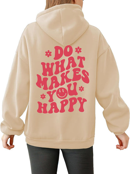 Tuislay Women Cute Graphic Oversized Hoodies Sweatshirts for Teen Girls Aesthetic Y2k Preppy Fleece Happy Hooded Pullover