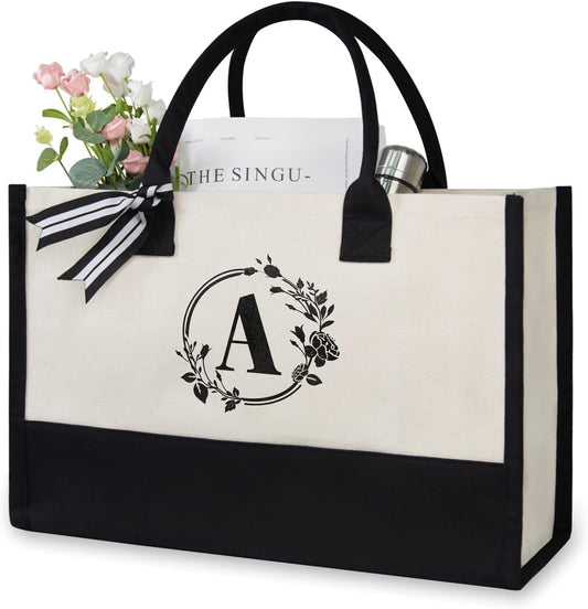 TOPDesign Personalized Initial Canvas Beach Bag, Monogrammed Gift Tote Bag for Women