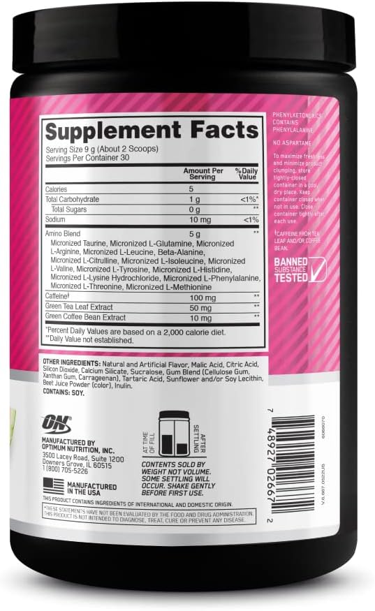 Optimum Nutrition (ON) Amino Energy - Pre Workout With Green Tea, Bcaa, Amino Acids, Keto Friendly, Green Coffee Extract, 0 Grams of Sugar, Anytime Energy Powder - Watermelon, 270 G, 30 Servings