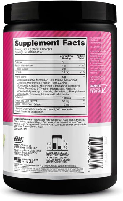 Optimum Nutrition (ON) Amino Energy - Pre Workout With Green Tea, Bcaa, Amino Acids, Keto Friendly, Green Coffee Extract, 0 Grams of Sugar, Anytime Energy Powder - Watermelon, 270 G, 30 Servings