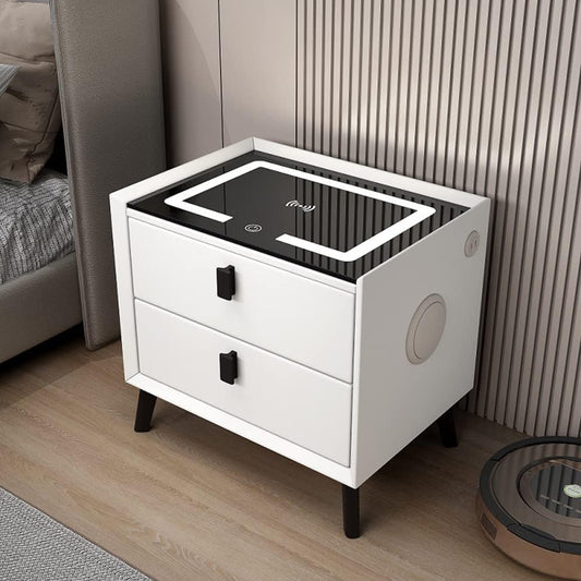 Smart Bedside Table,Nightstand with Wireless Charging Station,Modern Night Stand with Adjustable LED Light,Side Table with USB Ports,for Living Room (50 * 40 * 46cm, White-Without Bluetooth speaker)