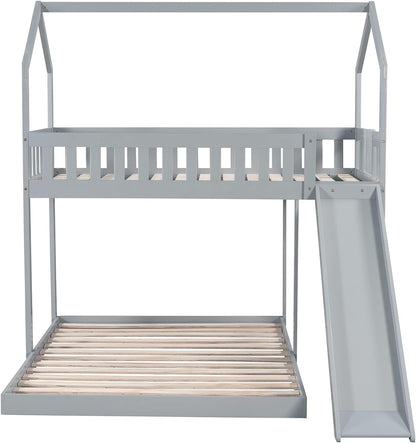 GLORHOME Loft Twin House Bunk Bed， Detachable to Floor Bedframe and A Loftbed, with Slide, Built-in Ladder,Full-Length Guardrail for Kids Adults,Roof can be Decorated, Gray