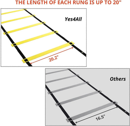 Yes4All Ultimate Agility Ladder Speed Training Equipment - 8, 12, 20 Rungs with Multi Colors - Soccer and Football Training - Speed Ladder for Kids and Adults - Included Carry Bag