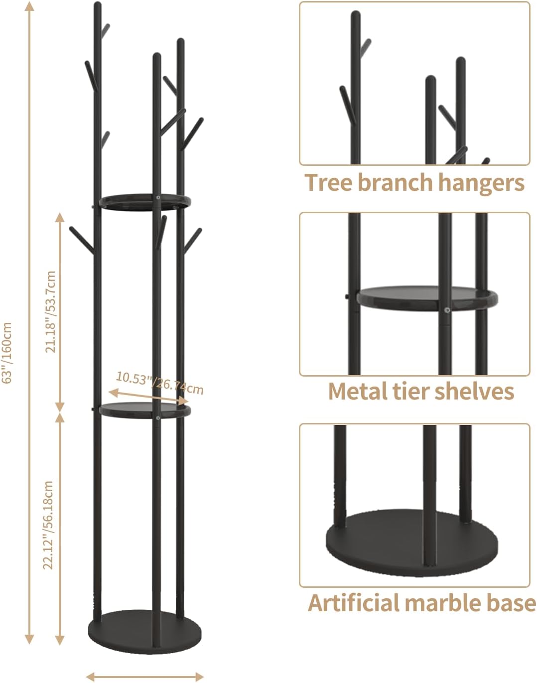 Stylish Freestanding Coat Rack with Storage& Tree Branch Design,Durable & Strong for Heavy Loads up to 220lbs| 9 Hooks for Daily Use, Perfect for Home or Office(Black Rack)