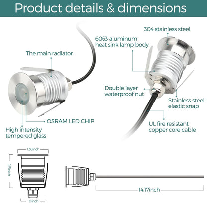 Gardencoin Outdoor Recessed LED Lights, Heavy Duty Deck Stair and Driveway Lighting, 1W 12-24V Low Voltage Landscape In Ground Well Light, Underwater Light Ultra Waterproof, Dimmable(3000K-6pack)