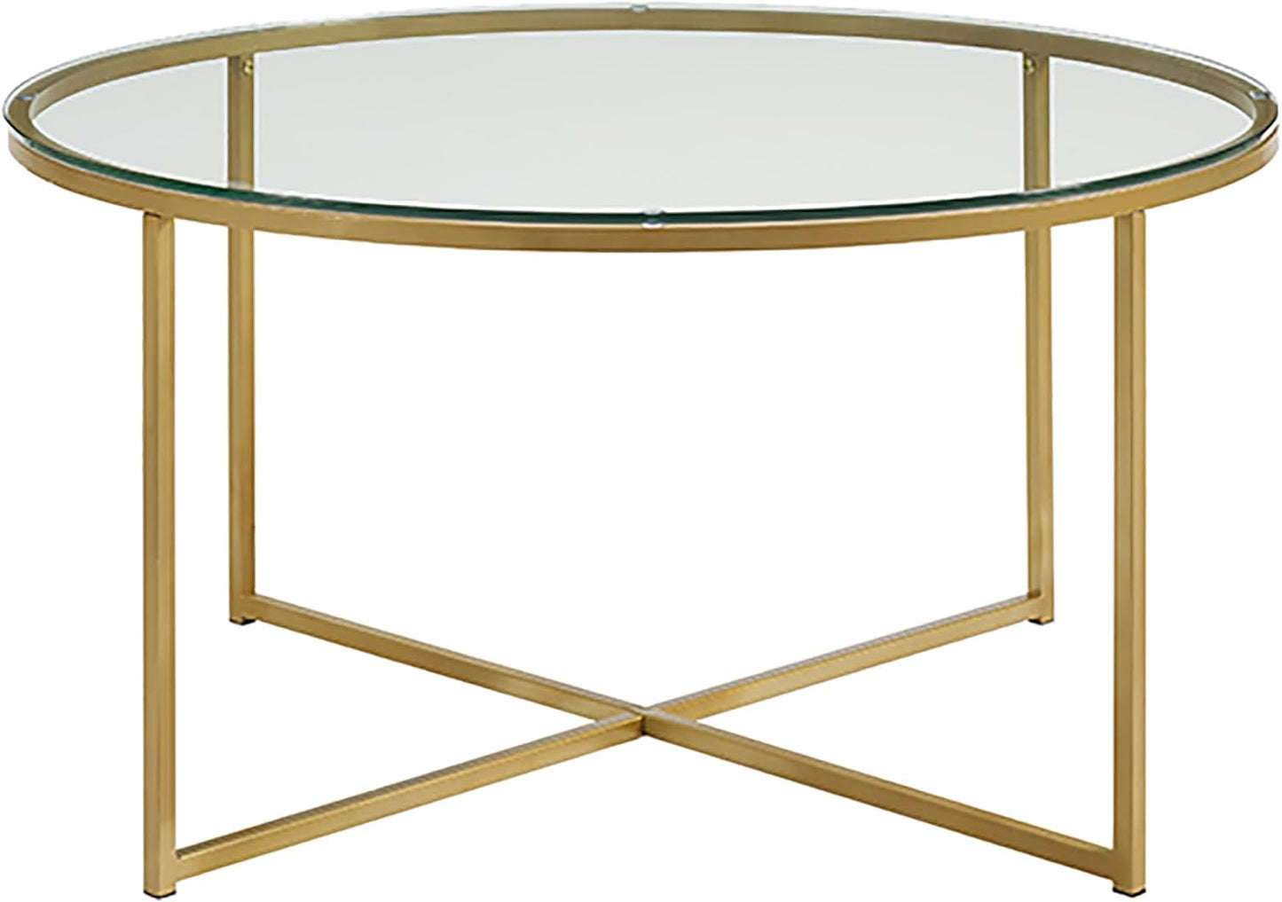 Eden Bridge Designs 91cm Round Mid Century Modern Coffee Table with X-Base for Living Room/Office decoration, Metal, Glass/Gold/Faux Marble