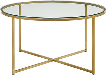 Eden Bridge Designs 91cm Round Mid Century Modern Coffee Table with X-Base for Living Room/Office decoration, Metal, Glass/Gold/Faux Marble