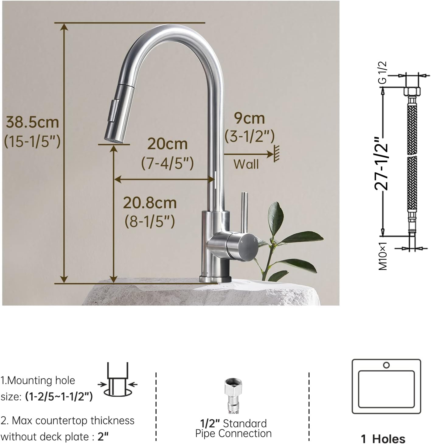 APPASO Kitchen Faucet with Pull Down Sprayer - Single Handle One Hole High Arc Pull Out Kitchen Sink Faucets with Deck Plate, Brushed Nickel, APS220BN