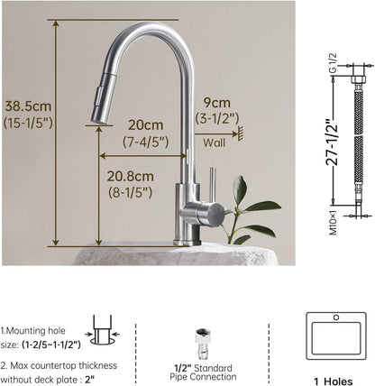 APPASO Kitchen Faucet with Pull Down Sprayer - Single Handle One Hole High Arc Pull Out Kitchen Sink Faucets with Deck Plate, Brushed Nickel, APS220BN