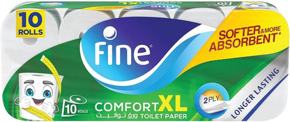 Fine Comfort XL Toilet Paper 2 Ply, 20 Rolls x 250 Sheets, Longer Lasting Absorbent Toilet Roll, Premium Silky Feel Softness Bathroom Tissue Sterilized for Germ Protection, 2 Ply Tissue Thickness