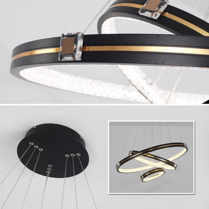 Garwarm Modern LED Pendant Light, 3 Rings Dimmable Contemporary Chandelier, 76W Acrylic Black Circular Hanging Lighting Fixture for Living Dining Room Entryway Foyer Staircase(Φ7.87+15.74"+23.62")