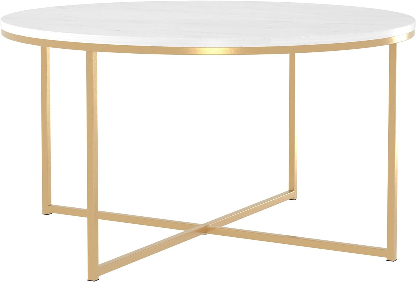 Eden Bridge Designs 91cm Round Mid Century Modern Coffee Table with X-Base for Living Room/Office decoration, Metal, Glass/Gold/Faux Marble