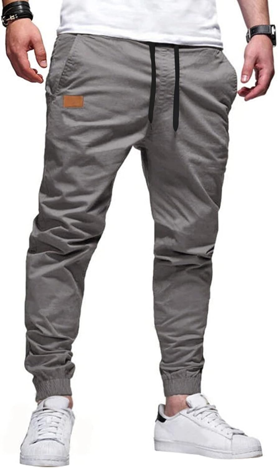 Men's Joggers Cotton Drawstring Outdoor Hiking Pants Casual Stretch Elastic Waist Track Pants Twill Jogging Sweatpants