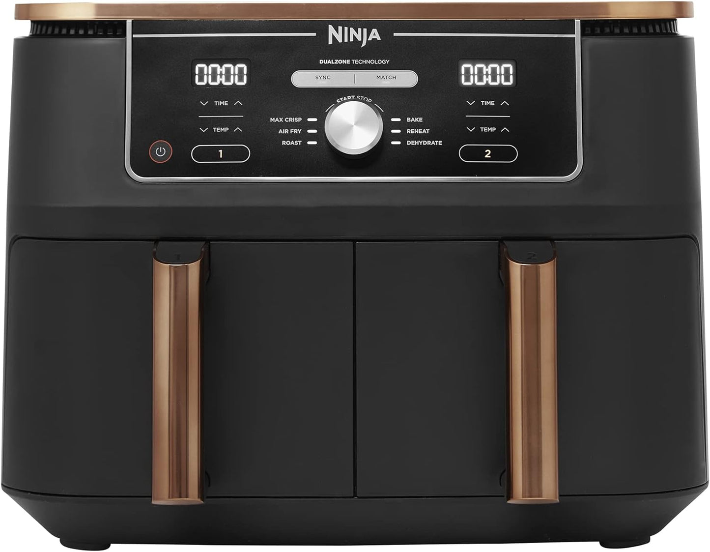 Ninja Foodi Dual Zone Air Fryer MAX + Tongs, 9.5 L, 2470 W, 2 Drawers, 8 Portions, 6-in-1, Air Fry, Roast, Bake, Nonstick, Dishwasher Safe Baskets, Amazon Exclusive, Copper/Black AF400UKCP