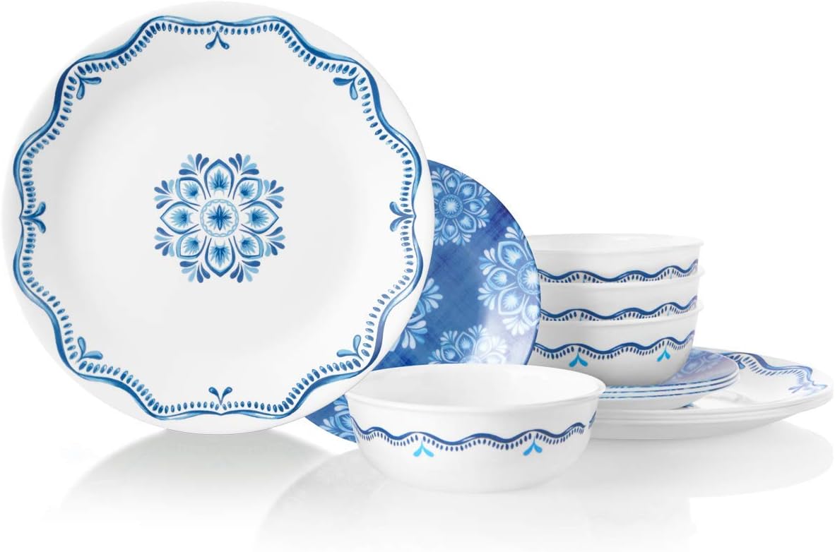 Corelle Service For 6 Chip Resistant Dinnerware Set, 18-Piece, Portofino, White And Blue