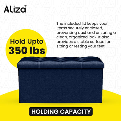 Ottoman Storage Box - Large Foldable Storage 76W x 38D x 38H - Great Toy Storage Box with Lid for Bedroom, Living Room & Foot stool - Blue Ottoman Box by Aliza