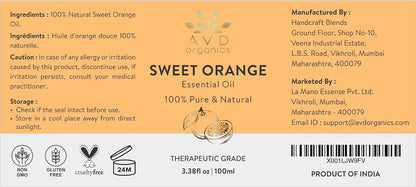 AVD Organics Sweet Orange Essential Oil 100ml - Pure, Natural, Cold Pressed & Undiluted -Use in Aromatherapy Diffusers for Mood Lifting - 3.38 fl. Oz