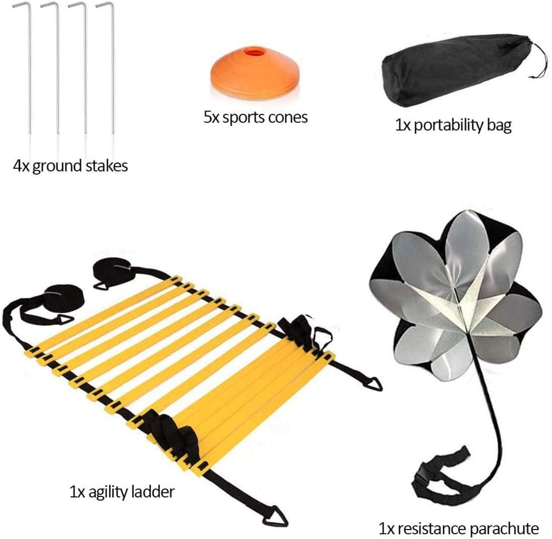 Speed & Agility Training Set, Includes 1 Resistance Parachute & 6m 12-Section Agility Speed Ladder, 4 Steel Stakes, 5 Disc Cones or Football Soccer Training Aid