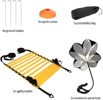 Speed & Agility Training Set, Includes 1 Resistance Parachute & 6m 12-Section Agility Speed Ladder, 4 Steel Stakes, 5 Disc Cones or Football Soccer Training Aid