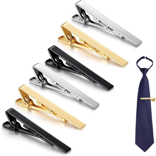 Tie Clips for Men, 6 Pack Classic Tie Clip Silver Gold Black Necktie Tie Bar Pinch Clips Suitable for Wedding Anniversary Business and Daily Life