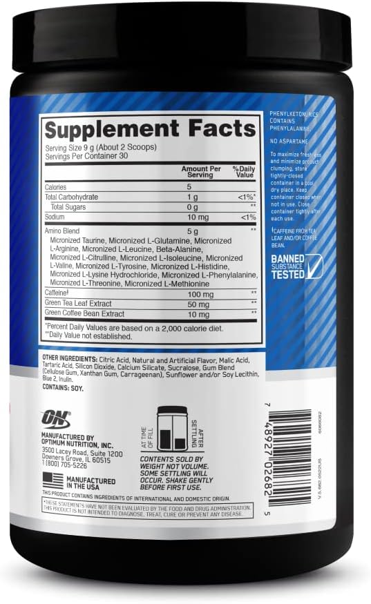 Optimum Nutrition (ON) Amino Energy - Pre Workout With Green Tea, Bcaa, Amino Acids, Keto Friendly, Green Coffee Extract, 0 Grams of Sugar, Anytime Energy Powder - Watermelon, 270 G, 30 Servings