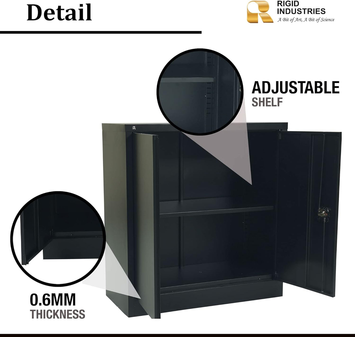 RIGID Office Cupboard Low Height, Steel Filing Cupboard, Cabinet with Shelves Storage Compartment (Black)