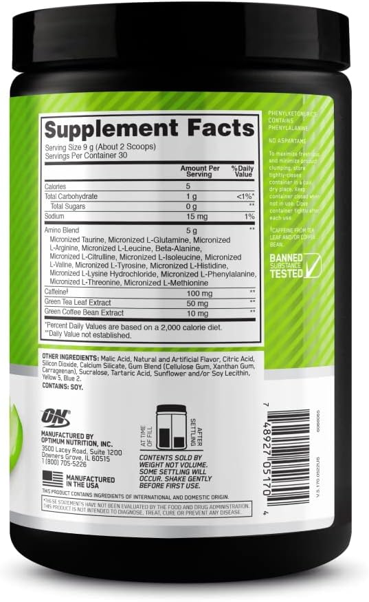 Optimum Nutrition (ON) Amino Energy - Pre Workout With Green Tea, Bcaa, Amino Acids, Keto Friendly, Green Coffee Extract, 0 Grams of Sugar, Anytime Energy Powder - Watermelon, 270 G, 30 Servings