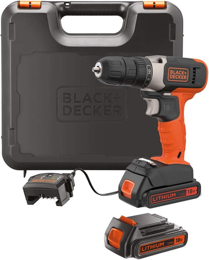 BLACK+DECKER cordless drill driver with battery & kitbox, 18v, 1.5ah li-ion + 108 pieces hand tools kit - bcd001c1mea2-gb