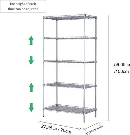 Standing Shelf Units,Solerconm 5 -Tier Shelf Carbon Steel Shelving Unit Adjustable Heavy Duty Wire Shelf Metal Height Shelves Unit Metal Storage Rack Durable Organizer (70X40X150CM, Black)