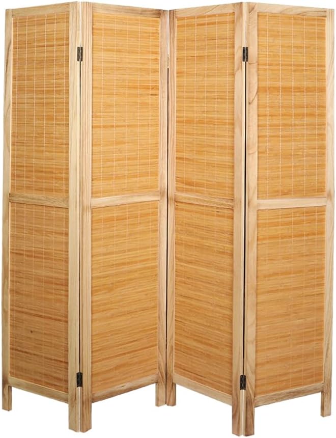 YATAI Wooden Room Dividers and Folding Privacy Screens 4 Panel Foldable Portable Fabric Room Separating Divider, Handwork Wood Mesh Woven Design Room Divider Wall,Fabric Brown Screen.HY230401