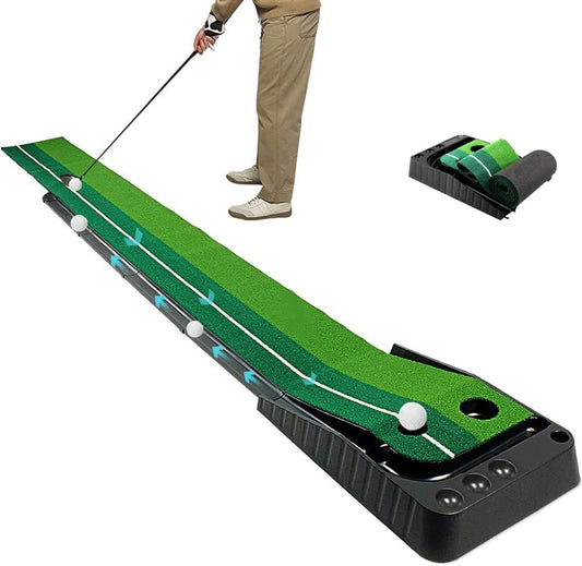 Cestbella Golf Practice Mat, Golf Training Mat Portable Golf Mat Indoor Outdoor Golf Putting Green with Ball Return Practice Putting Curls up Golf Training Equipment with Solid Base for Home Office