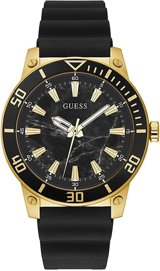 GUESS US Men's Gold-Tone and Black Silicone Analog Watch, one