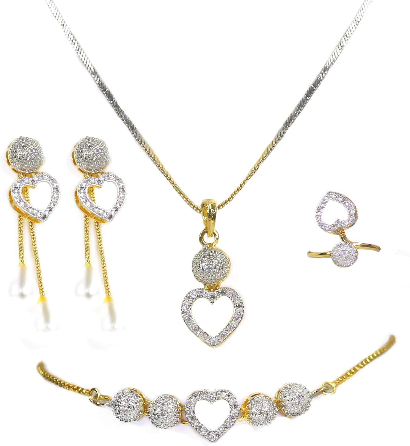 Combo Pendent Set 4 Piece Necklace Set For Women And Girls With Earrings, Bracelet And Ring Heart Shaped American jewellery Set For Women