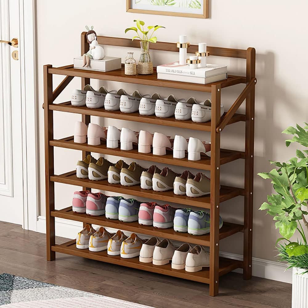 Foldable Shoe Rack Shoe Storage Cabinet Bamboo Shoe Shelf Portable and Dustproof for Living Room Entryway Hallway Shoe Organizer Balcony Flower Plant Stand (Wood, B-5Layer)