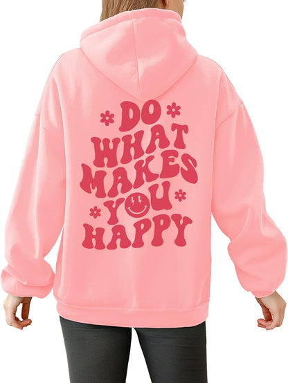 Tuislay Women Cute Graphic Oversized Hoodies Sweatshirts for Teen Girls Aesthetic Y2k Preppy Fleece Happy Hooded Pullover