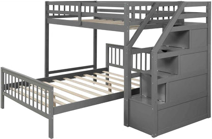 ATY Full Bunk Bed with Storage, Wooden Twin Over Size with Stairs, Can be Separated into 2 Beds, for Kids, Teens (Grey)