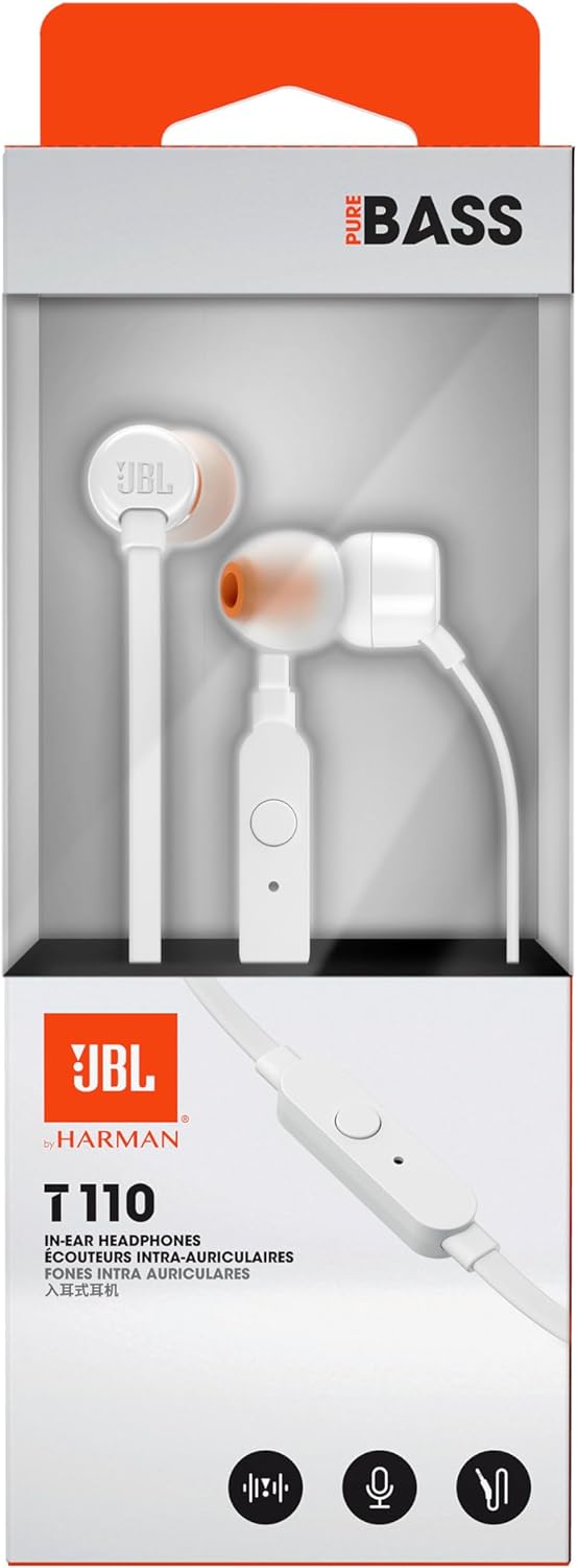 JBL Tune 110 Wired In-Ear Headphones, Deep and Powerful Pure Bass Sound, 1-Button Remote/Mic, Tangle-Free Flat Cable, Ultra Comfortable Fit - White, JBLT110WHT