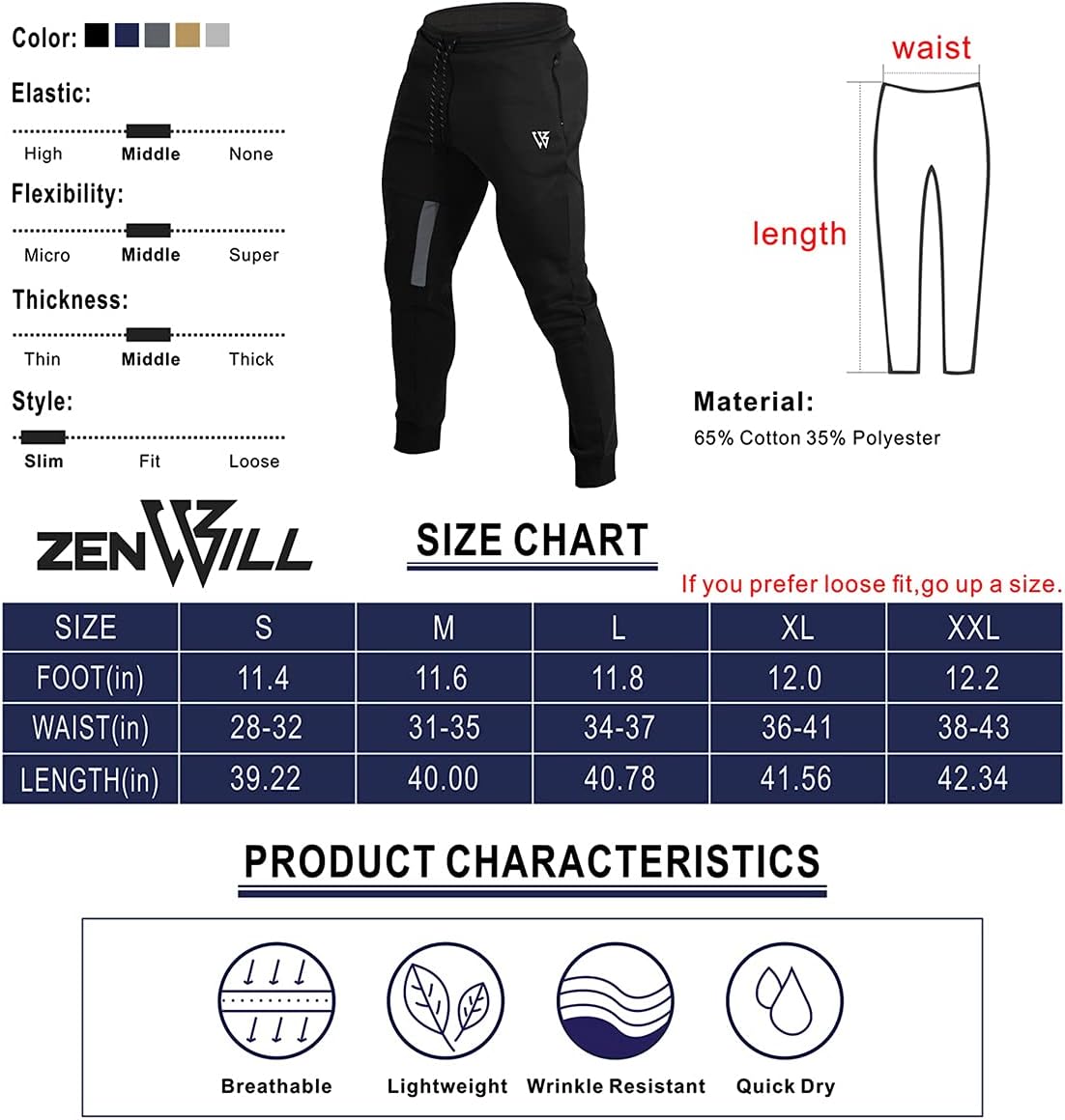 ZENWILL Mens Tapered Workout Track Pants, Slim Fit Gym Jogger Sweatpants, Casual Athletic Trousers with Zip Pockets