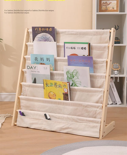 Bookshelf for Kids, Baby Bookshelf 6 Tier Kids Book Shelf Natural Beige Sling Book Rack for Kids Bedroom Playroom Toy Storage (Wood: 29.5" L)