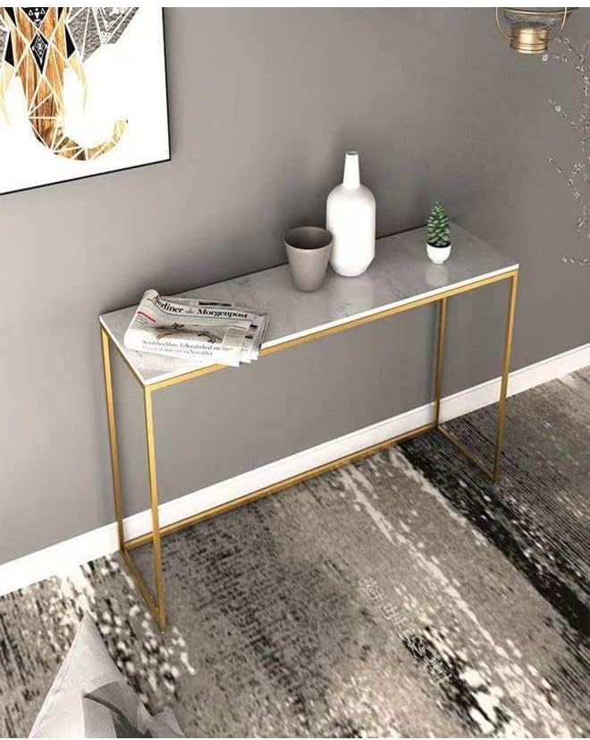 Kutis Rectangle Console Table Gold Narrow Console Table, Marble Table Top with Gold Metal Frame for Entry Living Room Hall Sofa 100 x 30 x 75 cm.