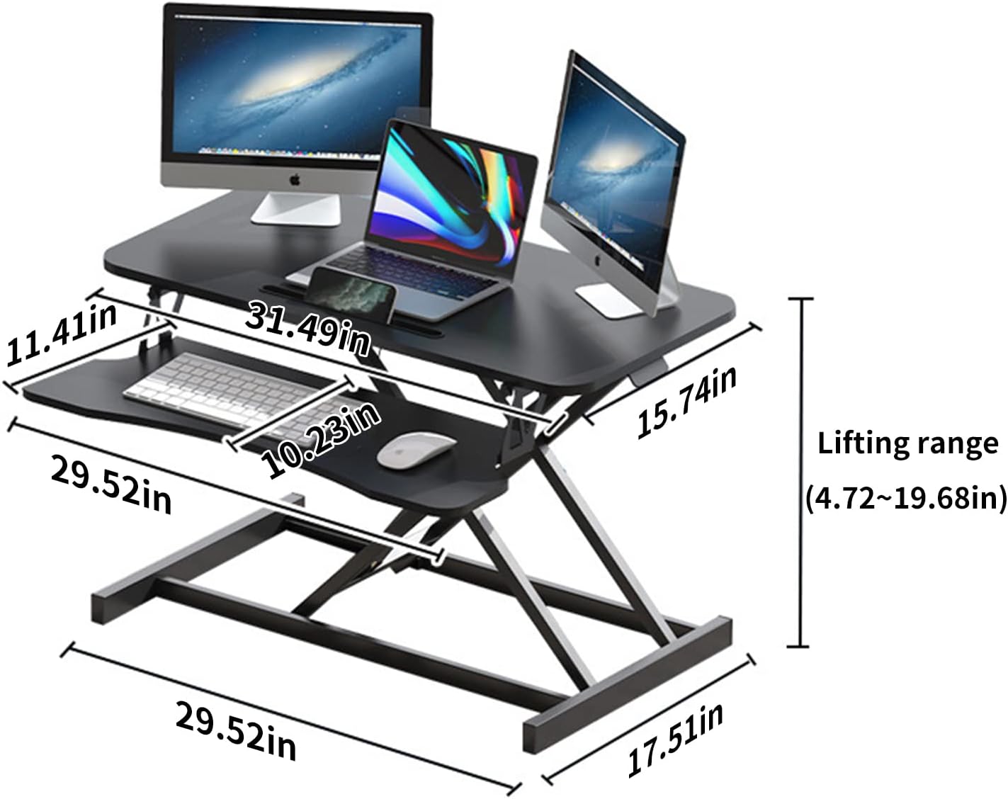 OMIRA Quick Sit to Stand Desktop Gas Spring Riser (Max Height:50cm), 38cm Height Adjustable Standing Desk Converter for Dual Computer Monitors & Laptop Workstation, Perfect Home Office