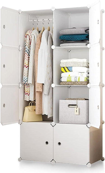 Cestbella Wardrobe Cabinet Cube Wardrobe Plastic Cupboard for Clothes Portable 8 Storage Cube Organizer DIY 0.45mm Thick Cabinet with 1 Hanging Rod & Doors for Bedroom White